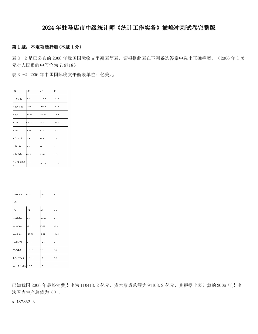 2024年驻马店市中级统计师《统计工作实务》巅峰冲刺试卷完整版