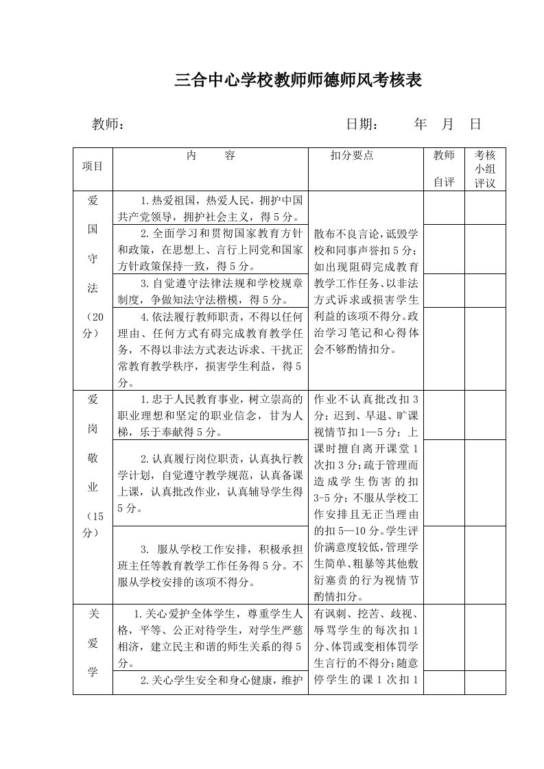 三合中心学校教师师德师风考核表