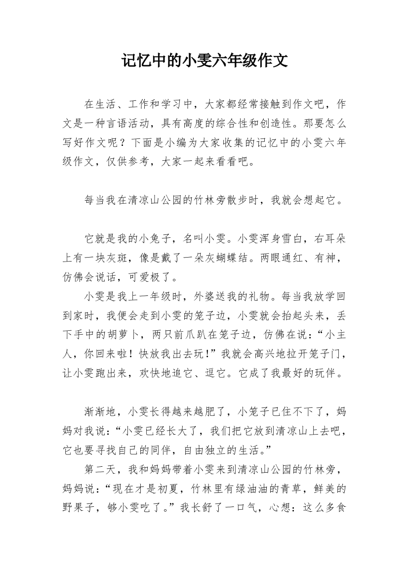 记忆中的小雯六年级作文