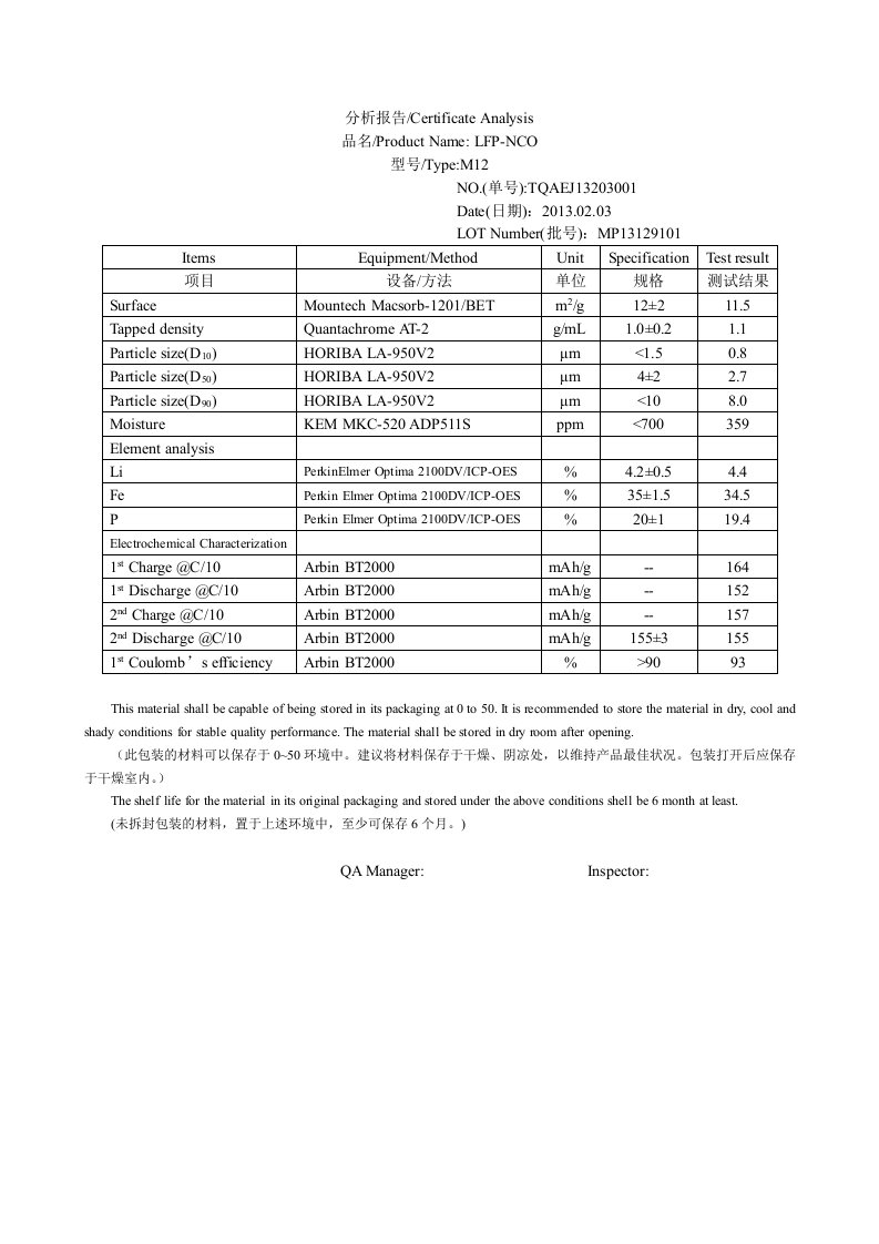 磷酸铁锂分析报告