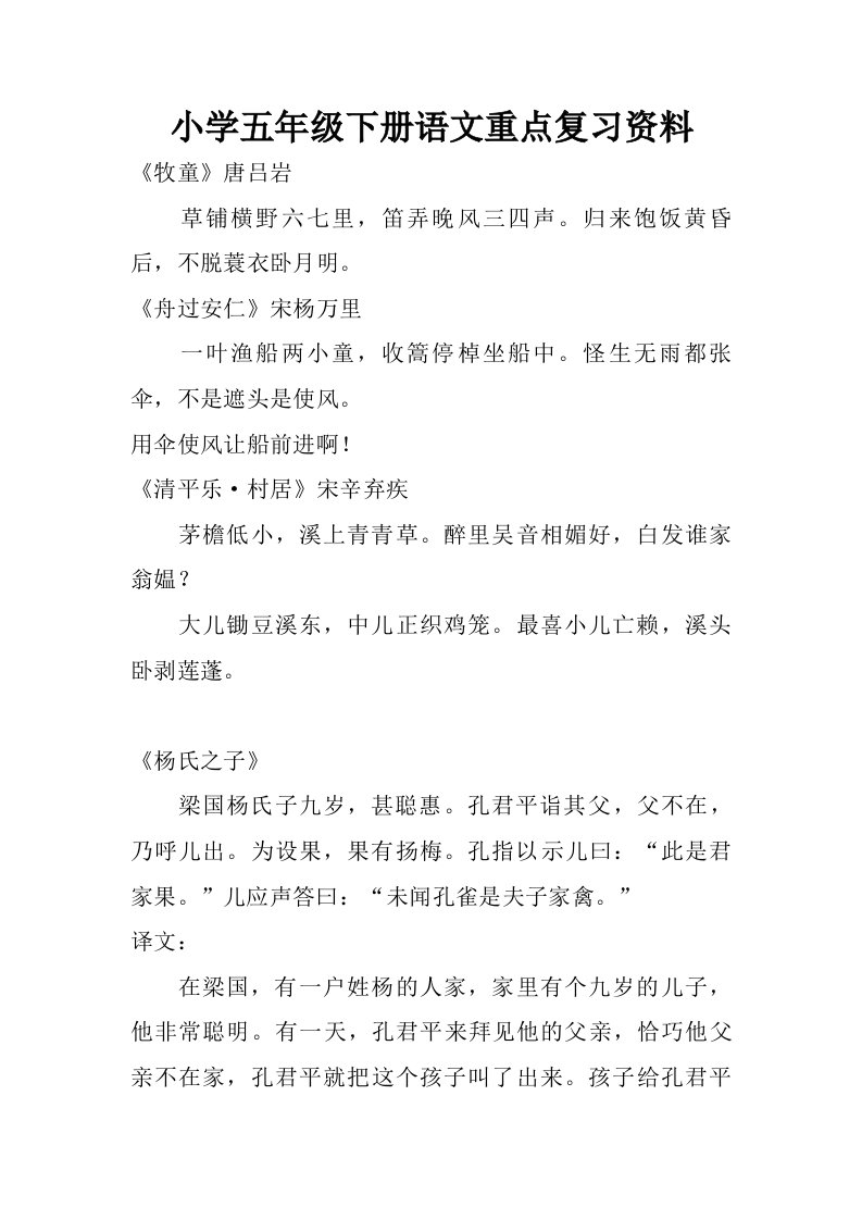 小学五年级下册语文重点复习资料.doc