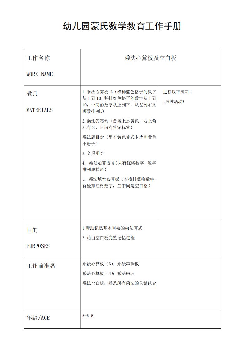 幼儿园蒙氏数学教育工作手册——乘法心算板