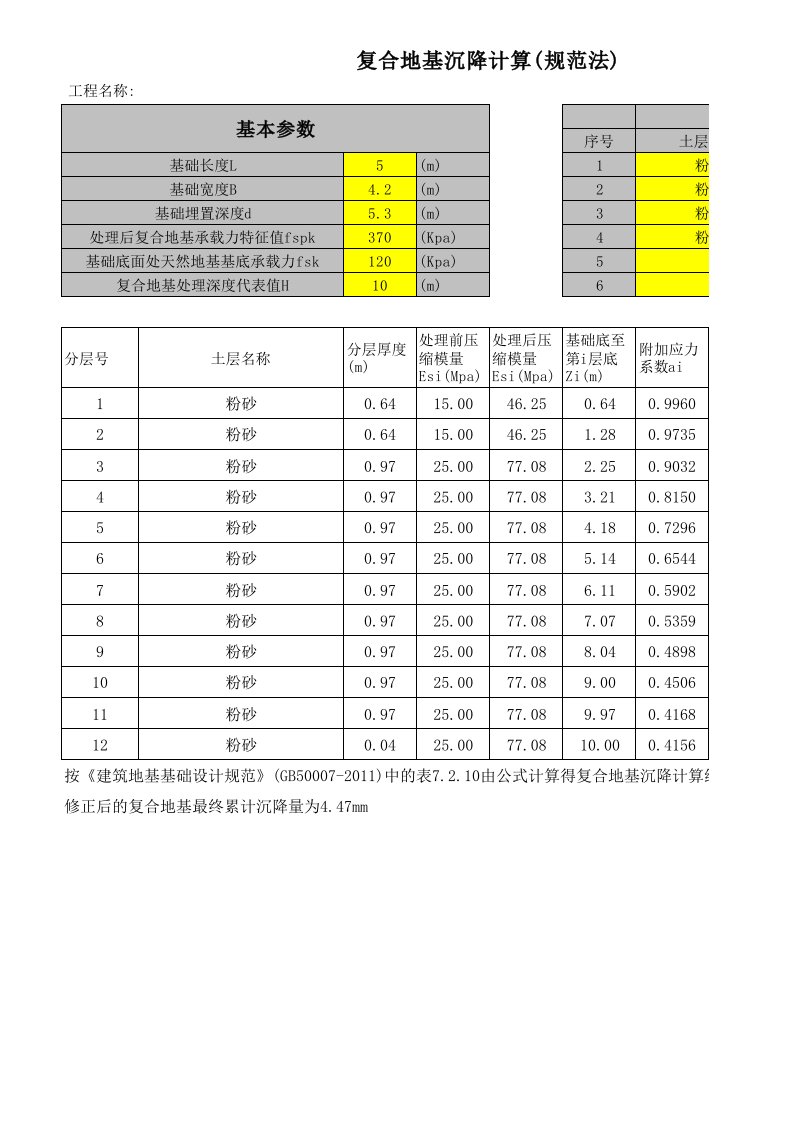 复合地基沉降量计算用表