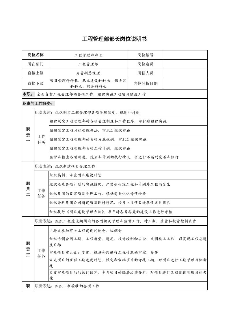 工程管理部部长岗位说明书