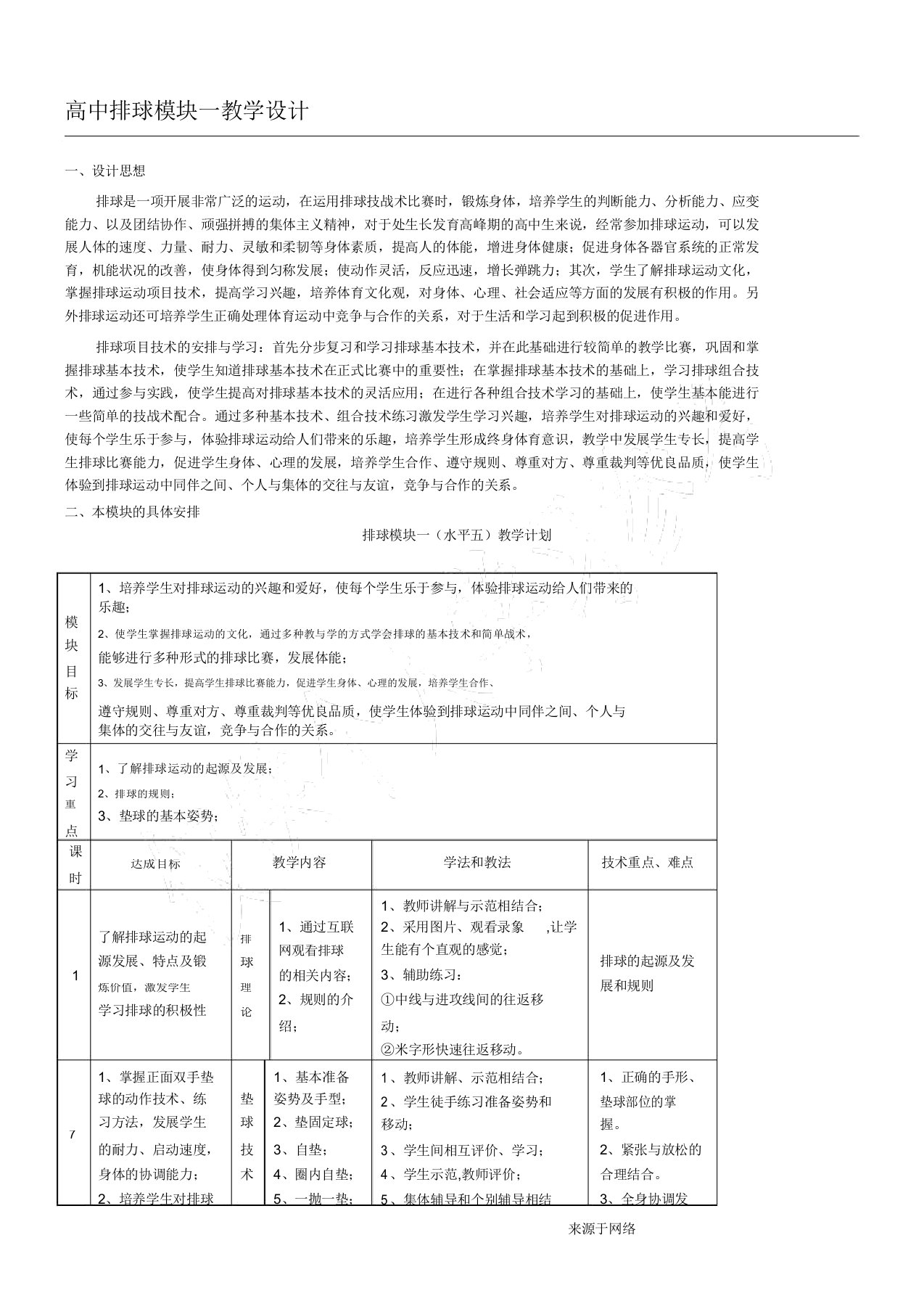 高中排球模块教学设计