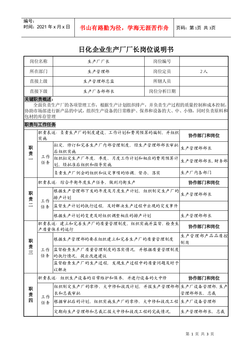 日化企业生产厂厂长岗位说明书