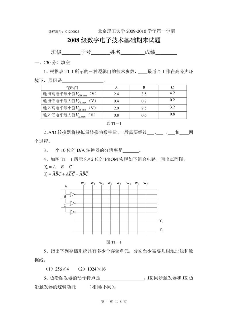 北京理工大学2008级数字电子技术基础期末试题(精选)