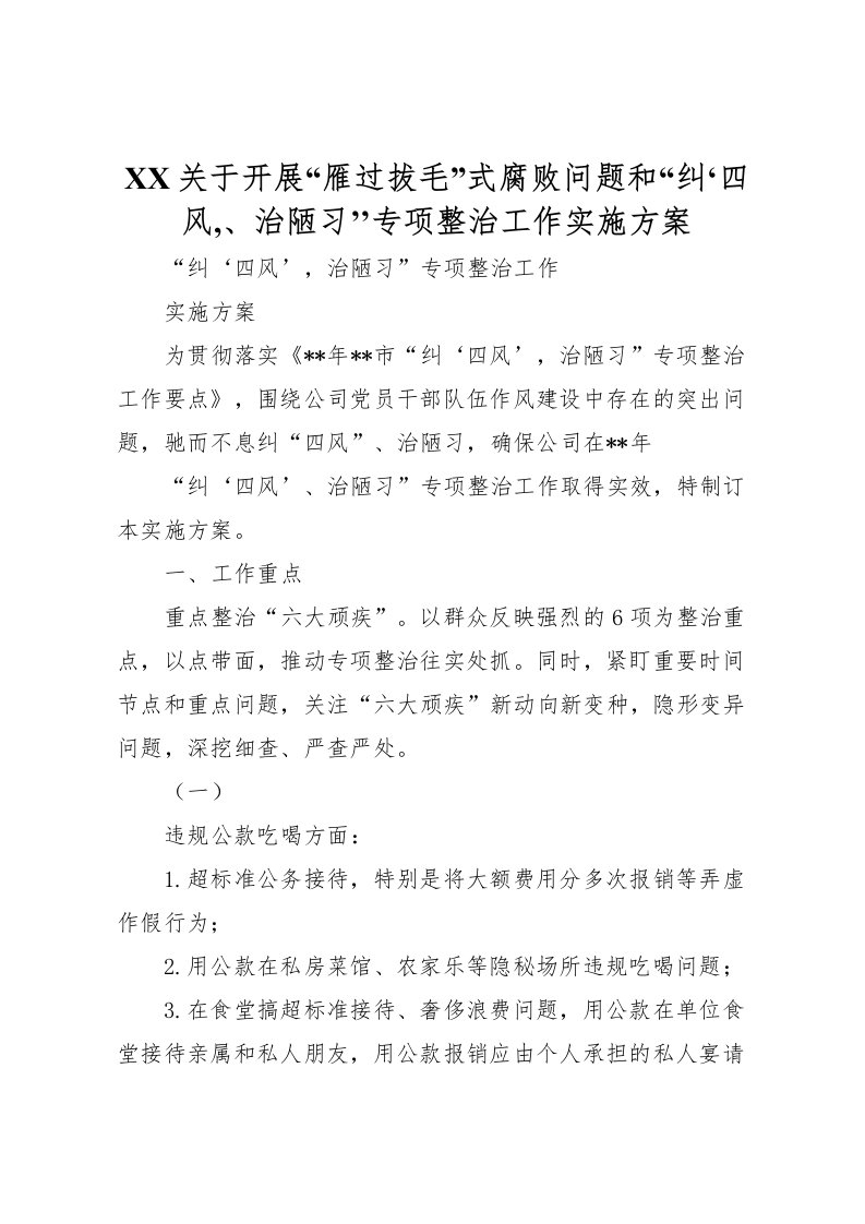 2022年关于开展雁过拔毛式腐败问题和纠四风,治陋习’’专项整治工作实施方案