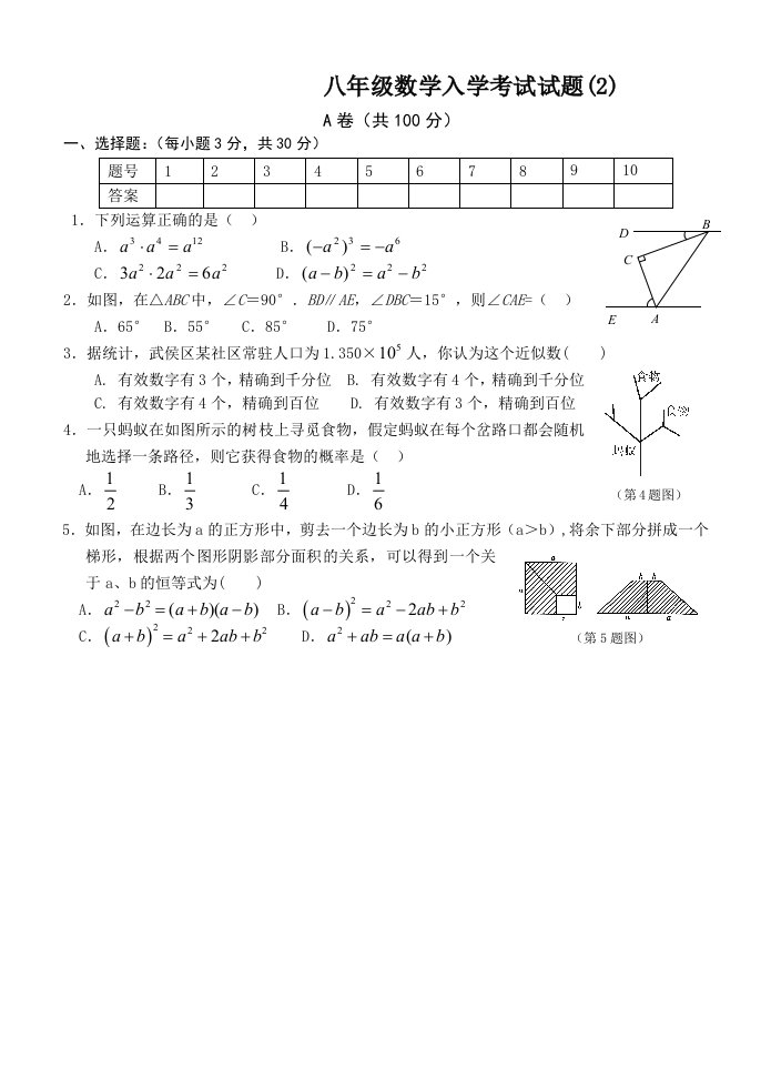 八年级数学入学试卷