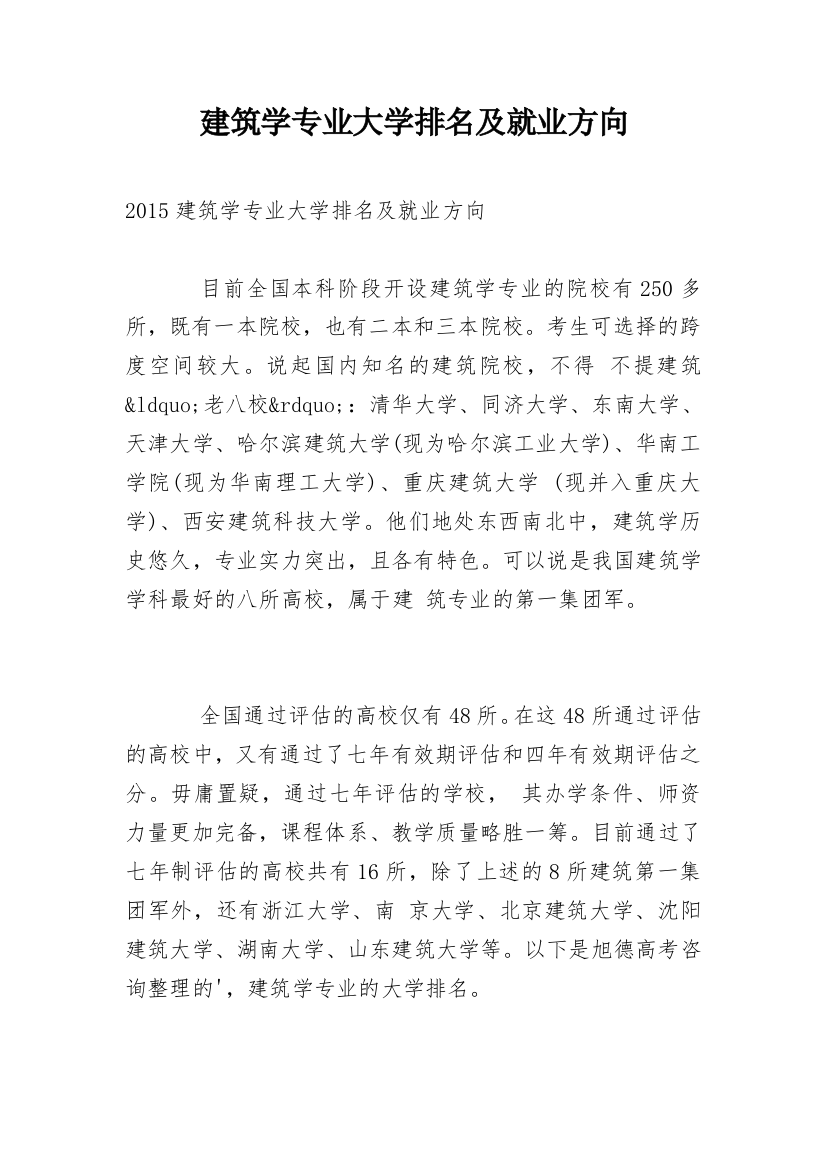 建筑学专业大学排名及就业方向