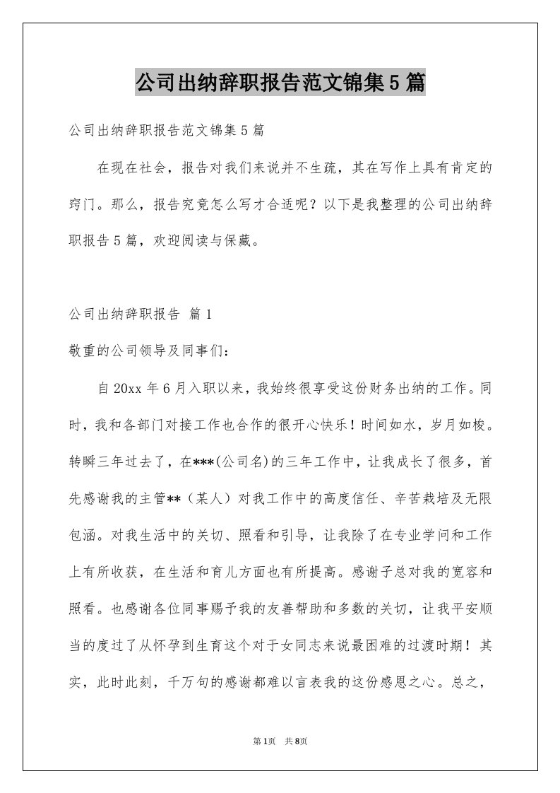 公司出纳辞职报告范文锦集5篇