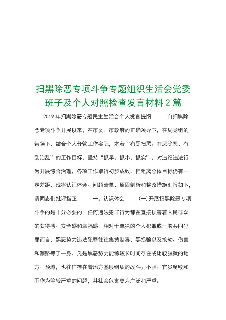 扫黑除恶专项斗争专题组织生活会党委班子及个人对照检查发言材料2篇