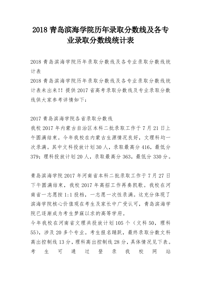 2018青岛滨海学院历年录取分数线及各专业录取分数线统计表