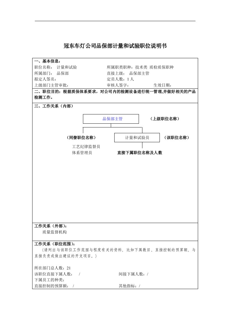 冠东车灯公司品保部计量和试验职位说明书