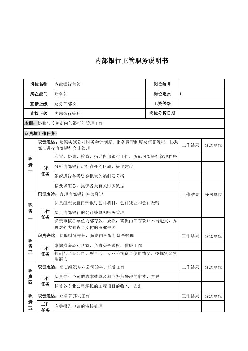 电力公司内部银行主管岗位说明书