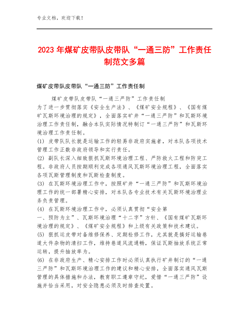 2023年煤矿皮带队皮带队“一通三防”工作责任制范文多篇