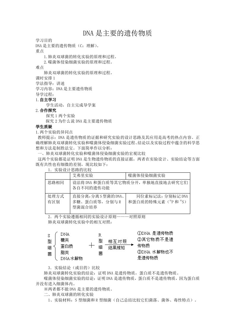 人教高中生物必修2导学案：第三章第一节