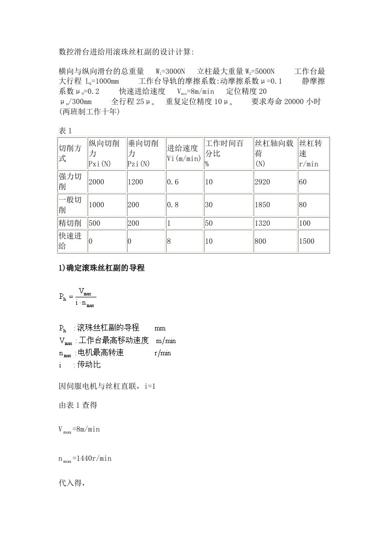 数控滑台进给用滚珠丝杠副的设计计算