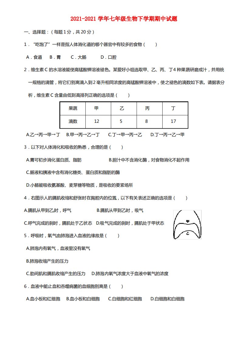 山东省德州市夏津实验中学七年级生物下学期期中试题