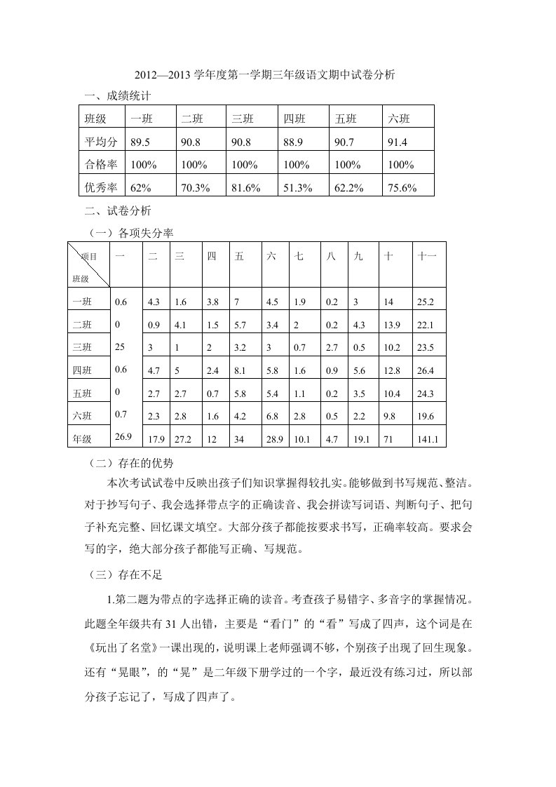 三年级语文期中试卷分析