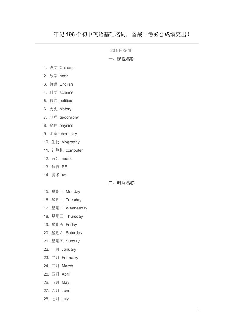 牢记196个初中英语基础名词-备战中考必会成绩突出