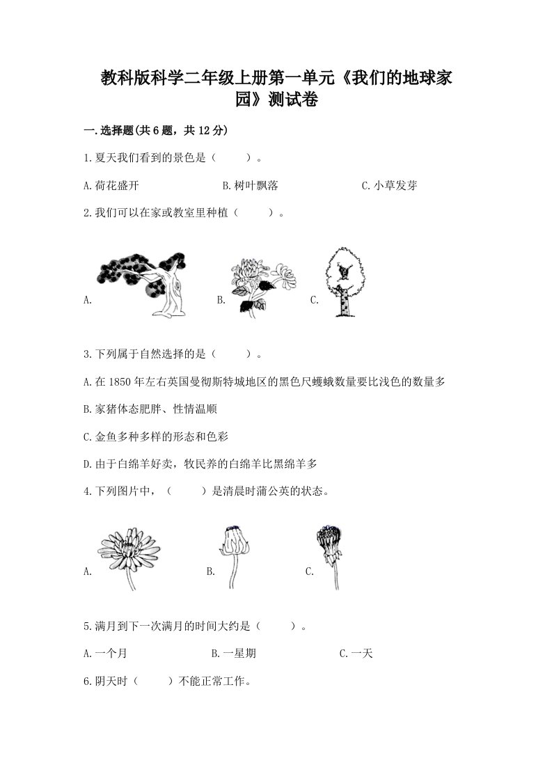 教科版科学二年级上册第一单元《我们的地球家园》测试卷精品【各地真题】