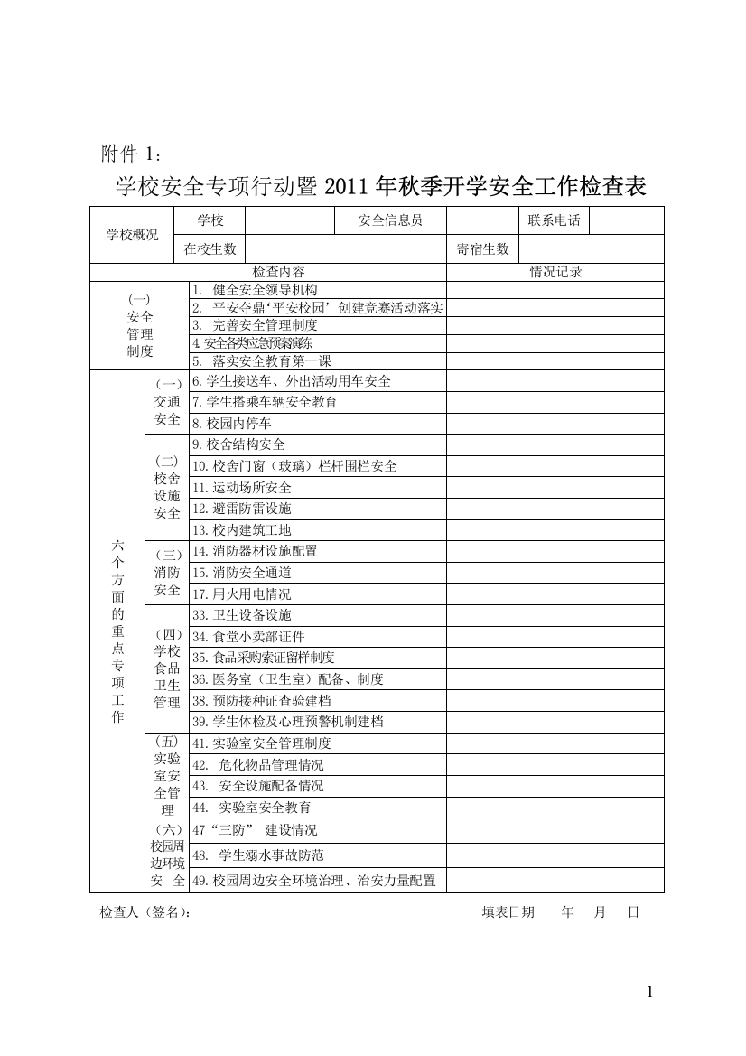 学校安全检查表格