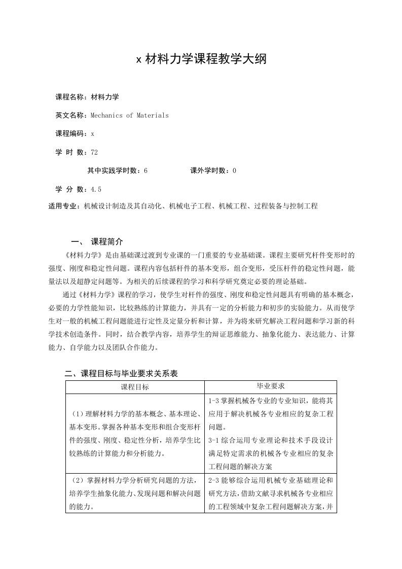 x2040521材料力学课程教学大纲