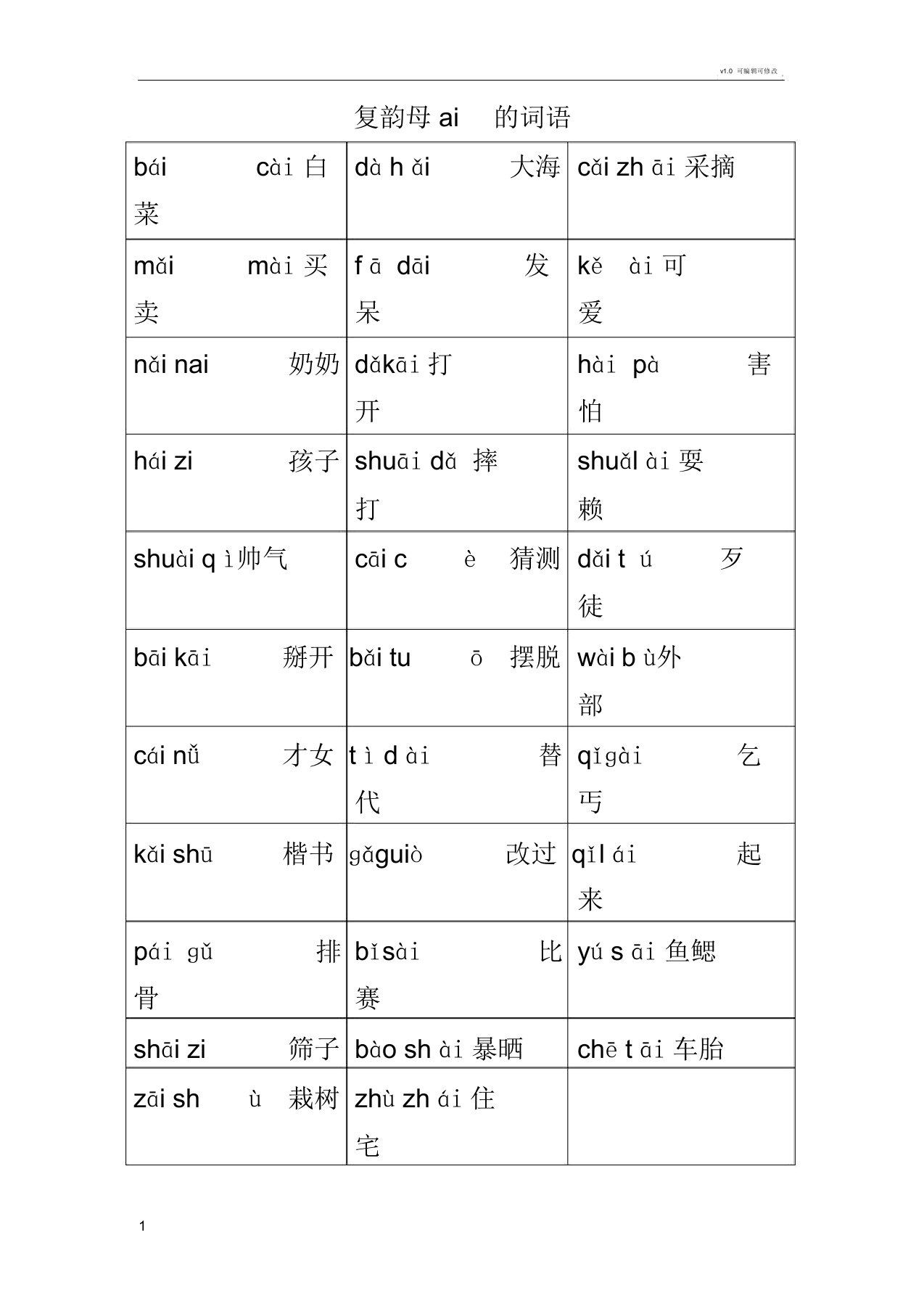 复韵母ai的词语