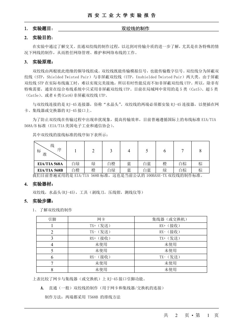 计算机网络技术实验报告1双绞线的制作