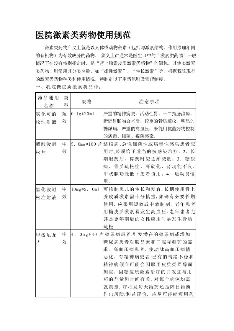 医院激素类药物使用规范