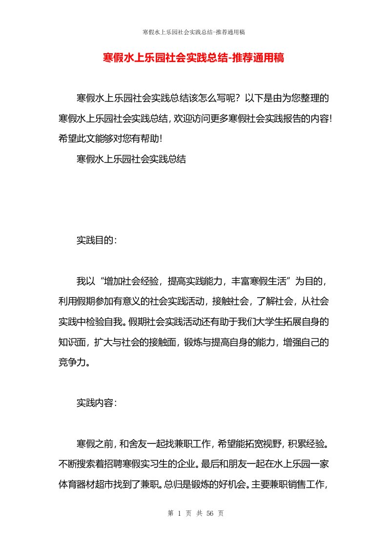 寒假水上乐园社会实践总结