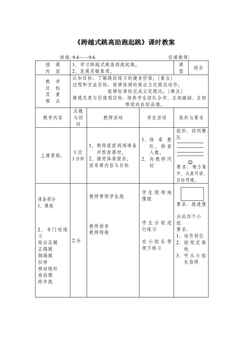 2021-2022学年初中体育与健康（水平四）九年级全一册-人教版《跨越式跳高助跑起跳》课时教案-（表格式）