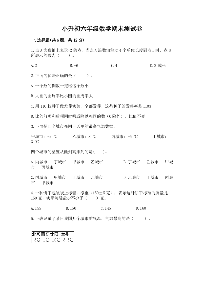 小升初六年级数学期末测试卷（考点提分）