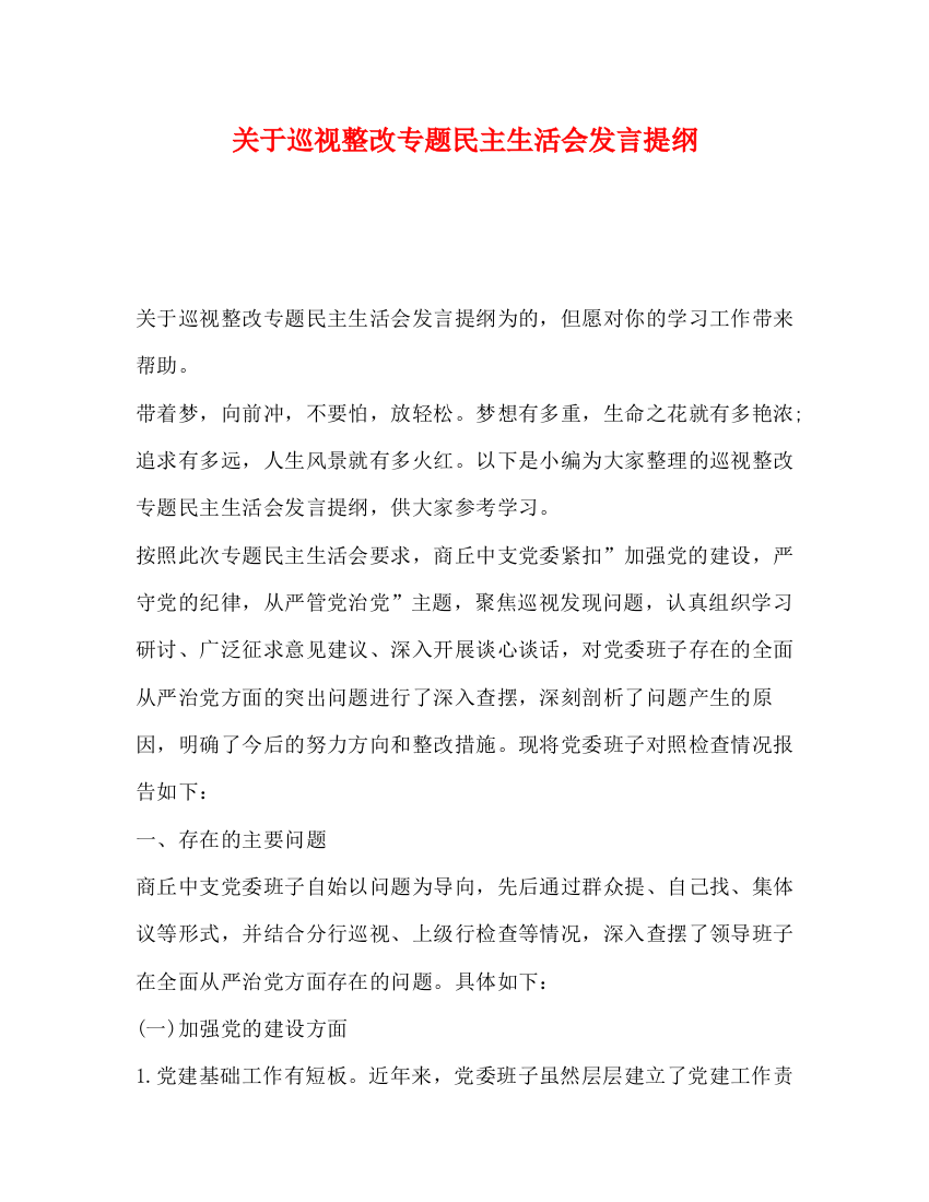 精编之关于巡视整改专题民主生活会发言提纲