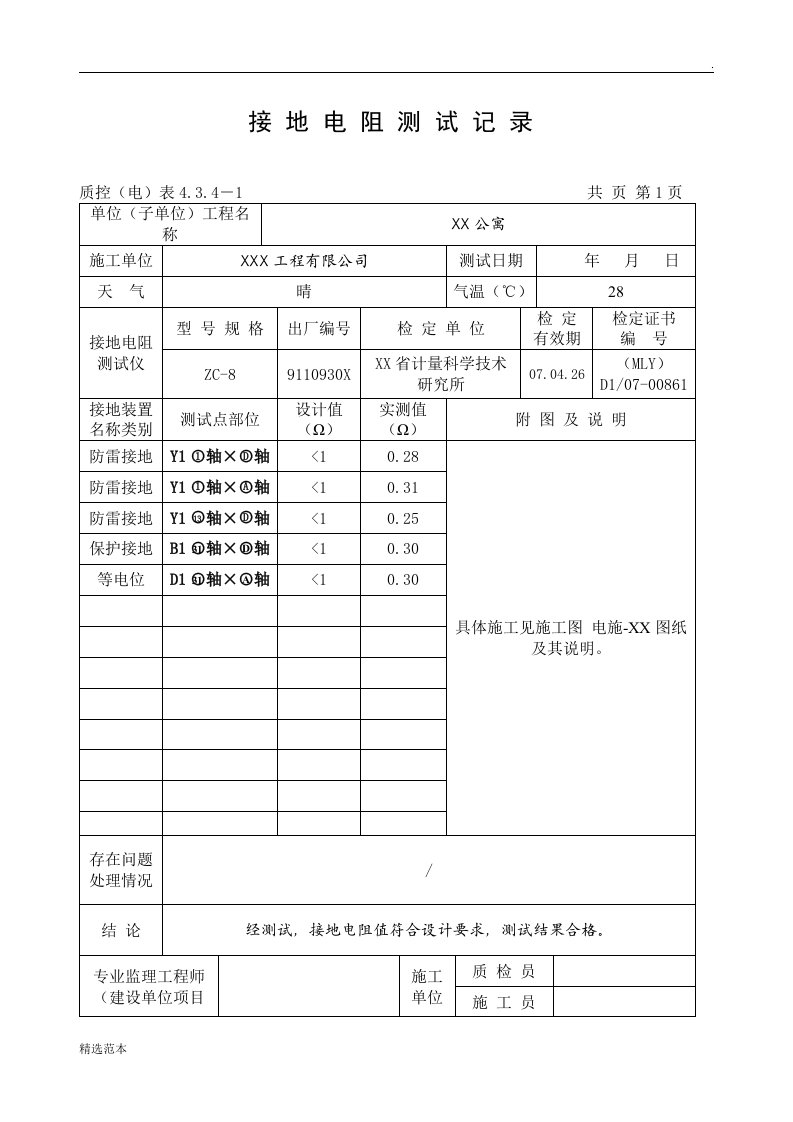 接地电阻测试记录填写范本