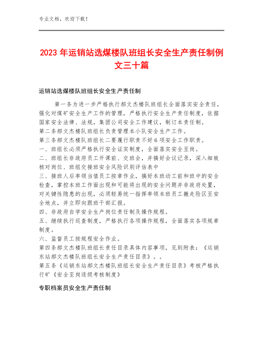 2023年运销站选煤楼队班组长安全生产责任制例文三十篇