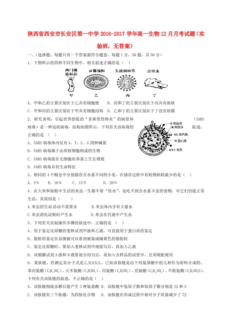 高一生物12月月考试题（实验班，无答案）