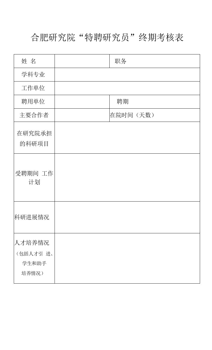 合肥研究院“特聘研究员”终期考核表