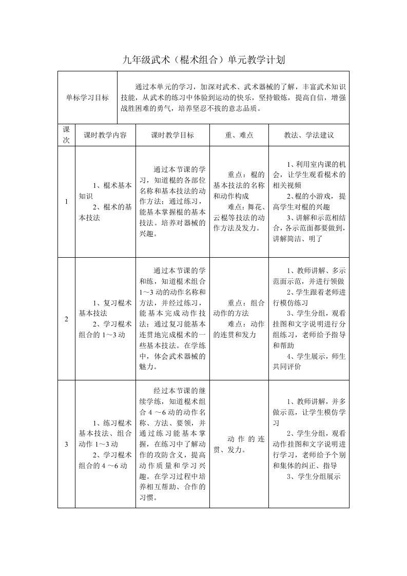 九年级棍术组合单元教学计划