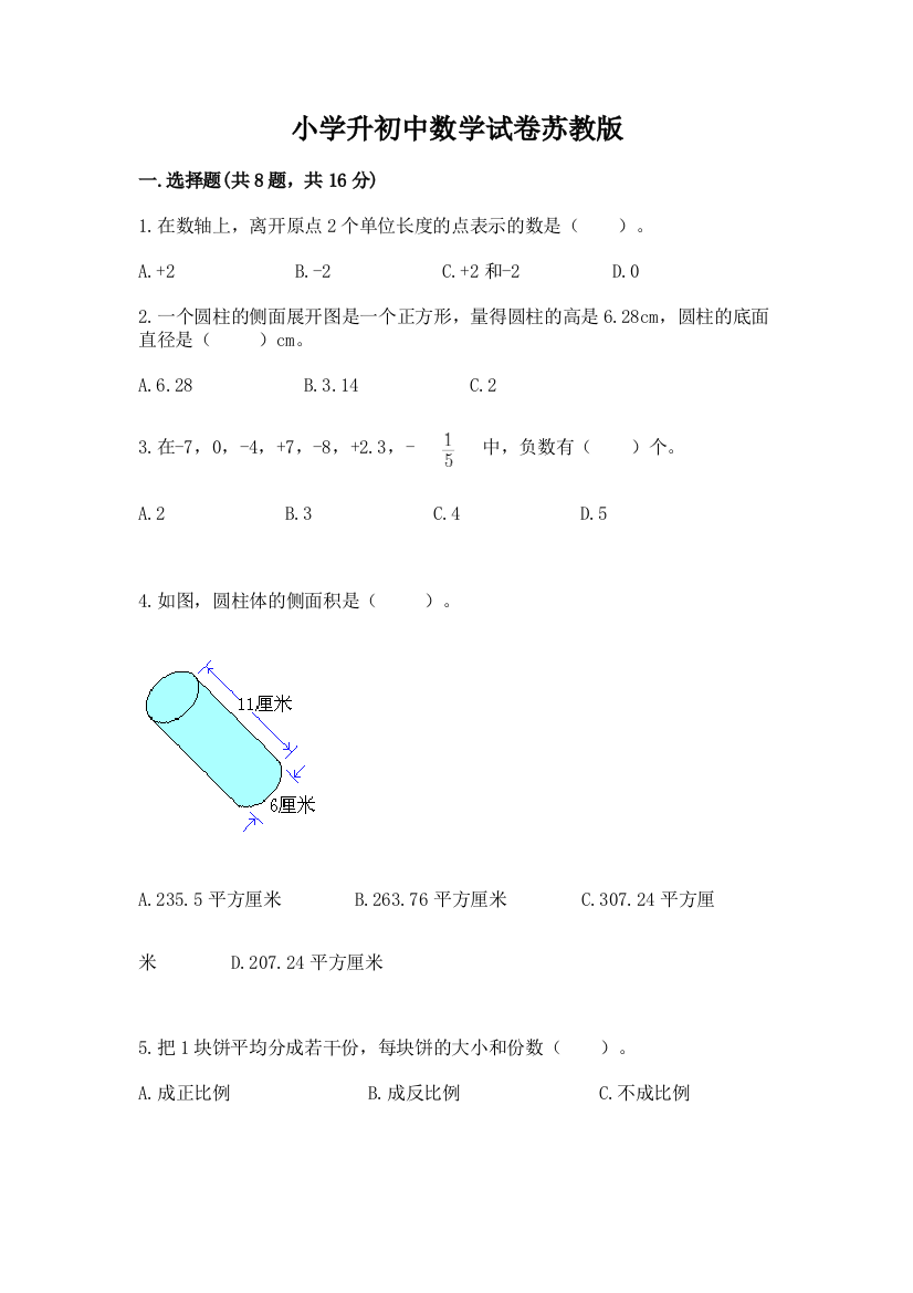 小学升初中数学试卷苏教版含完整答案（夺冠）