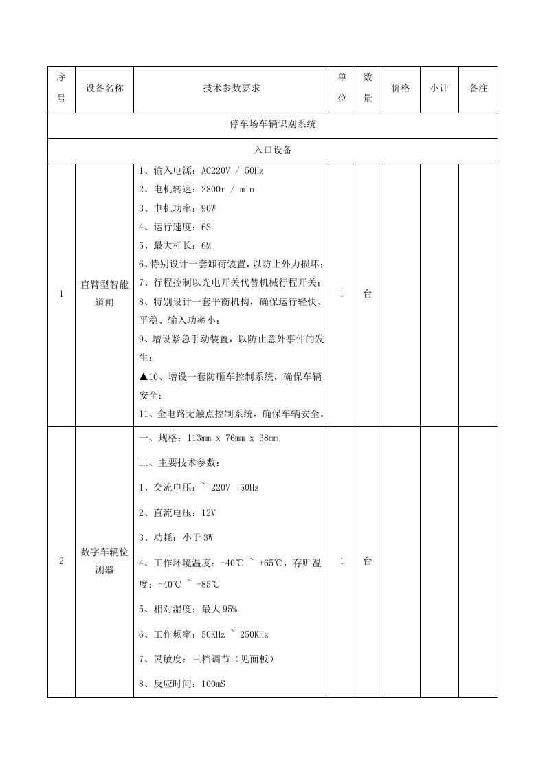 车牌识别无人值守停车场收费管理系统清单