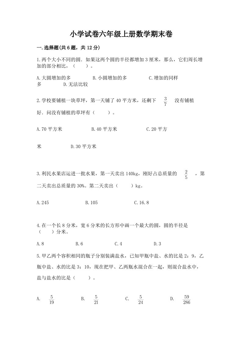 小学试卷六年级上册数学期末卷附完整答案（名校卷）