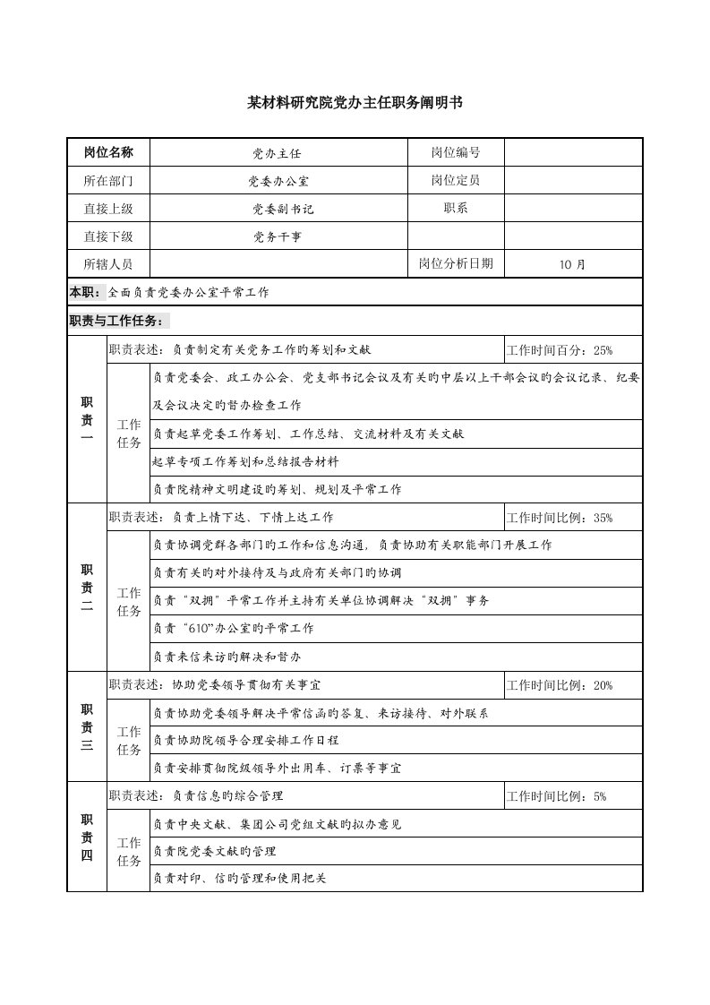 党办主任职务专项说明书