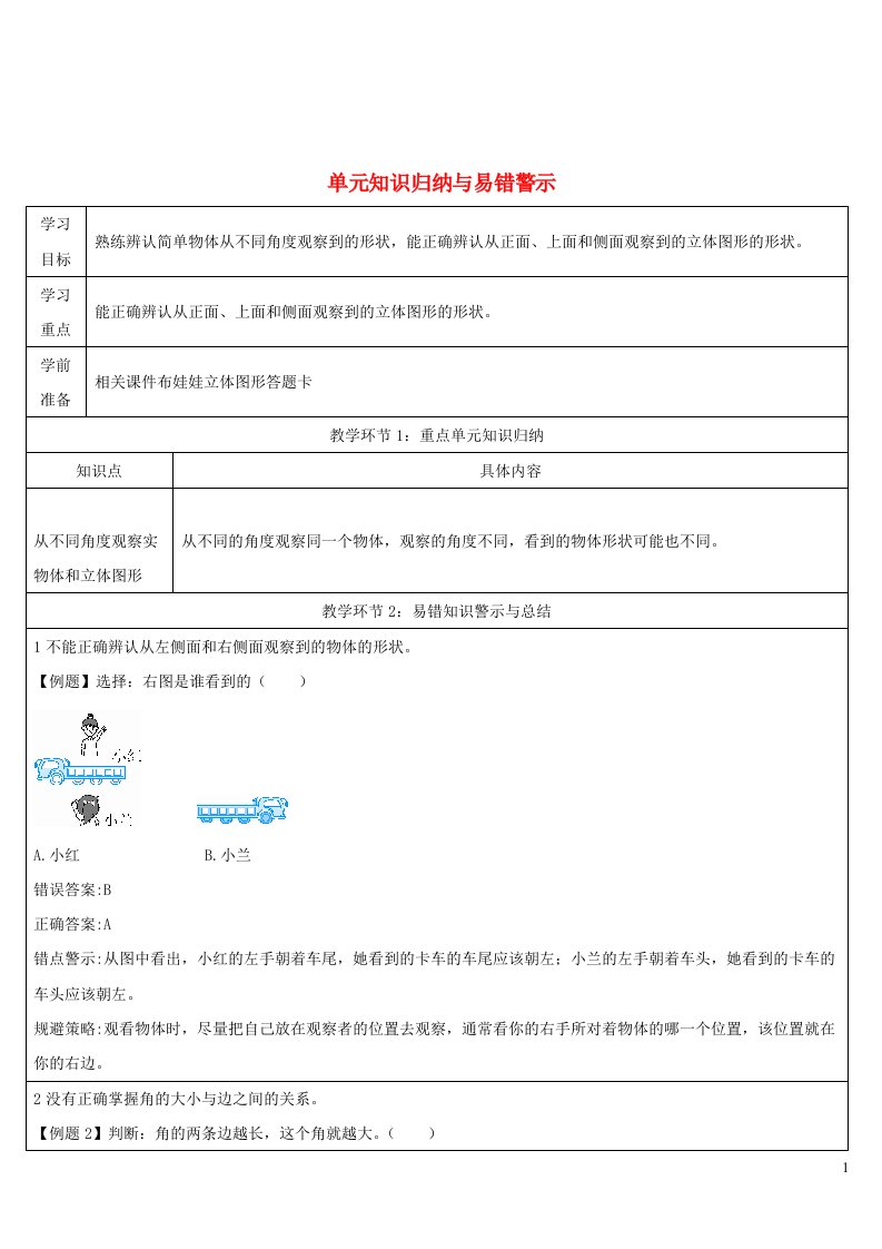 2023二年级数学上册5观察物体一单元知识归纳与易错警示导学案新人教版