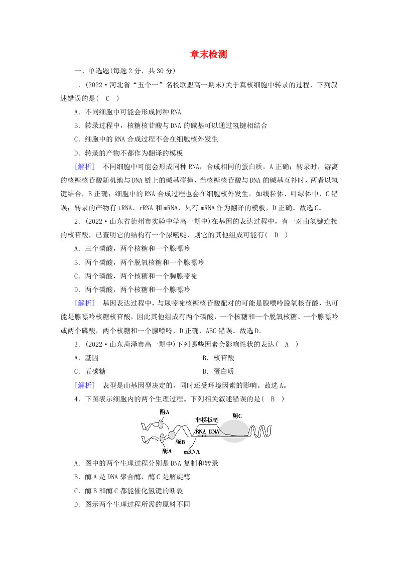 新教材2023年高中生物第4章基因的表达章末检测新人教版必修2