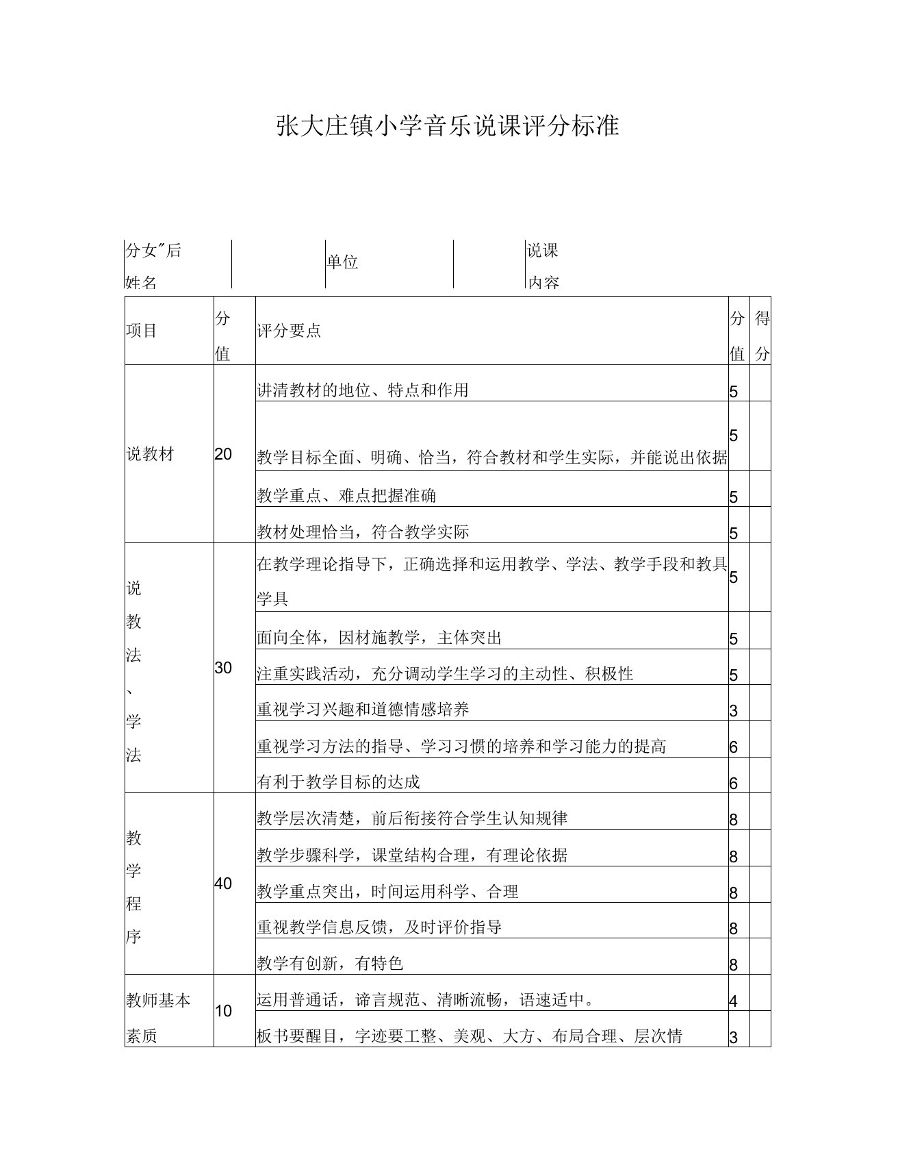 小学音乐说课评分标准