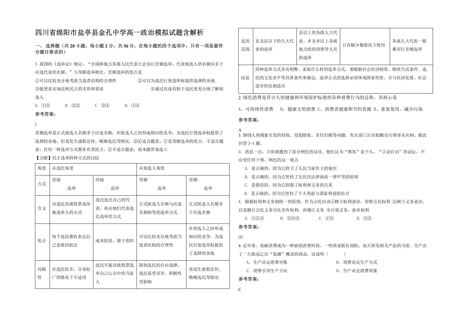 四川省绵阳市盐亭县金孔中学高一政治模拟试题含解析