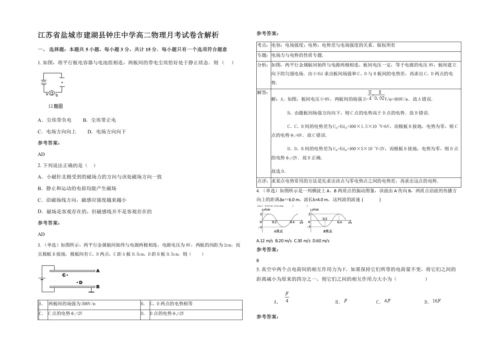 江苏省盐城市建湖县钟庄中学高二物理月考试卷含解析