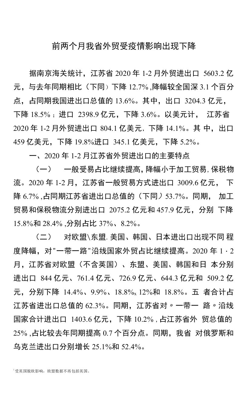 前两个月我省外贸受疫情影响出现下降